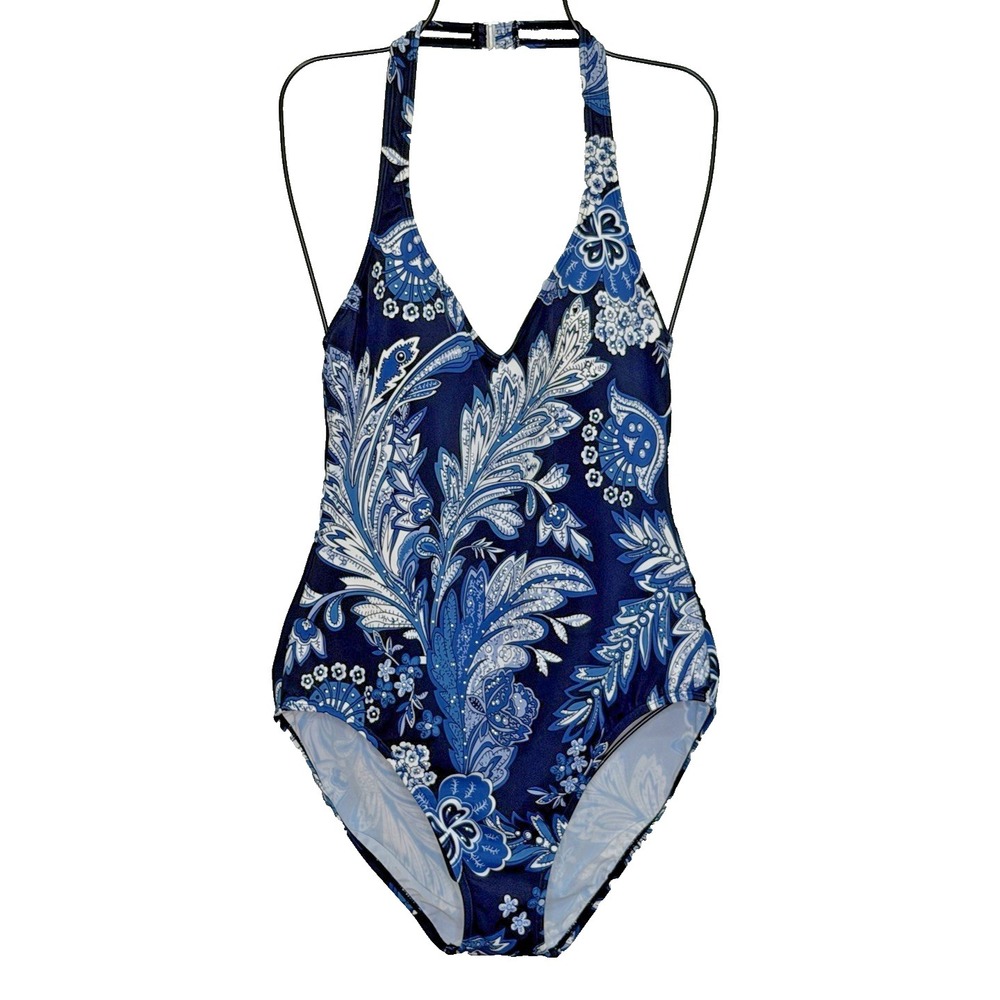 Lauren Ralph Lauren One Piece Swimsuit Size 10 Blue Floral Studs Padded Slimming - Picture 1 of 9